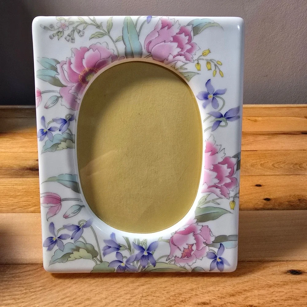 Vintage Ceramic Floral Oval Picture Frame Japan Pink Peony Purple Violet MCM